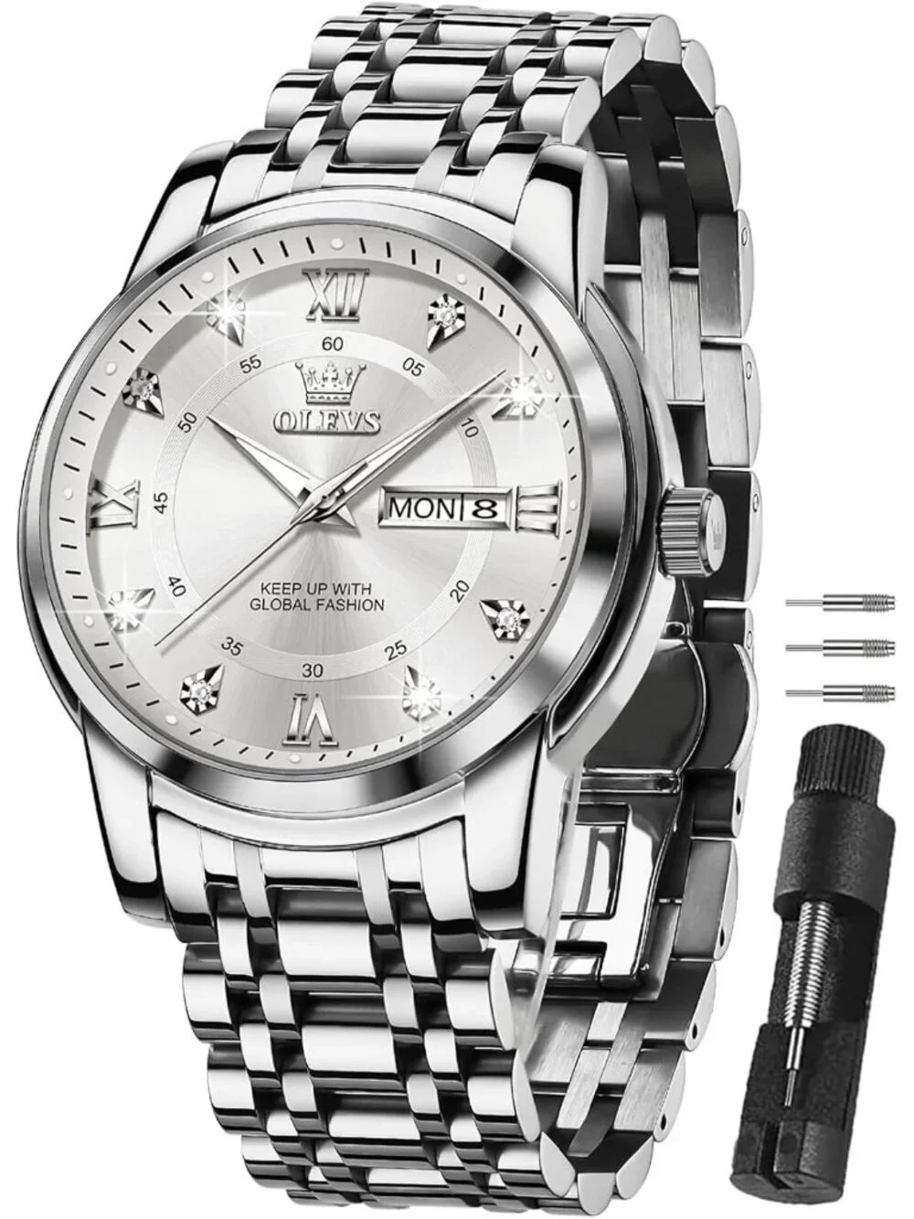 Mens Silver White Stainless Steel Waterproof Roman Numbers Diamond Classic Watch